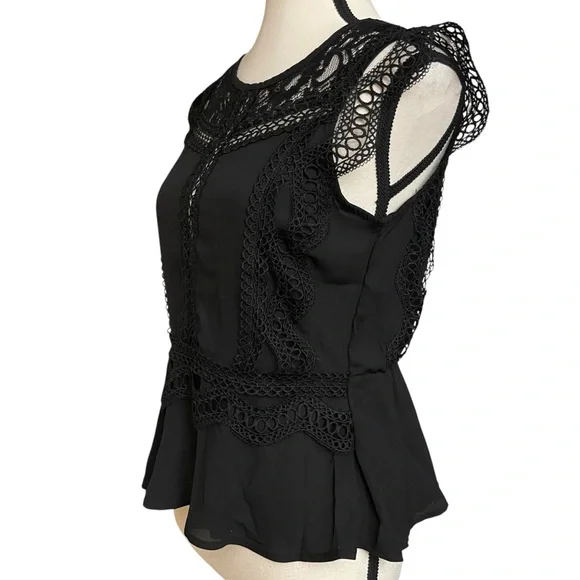 Haute Monde Black Flare Fit Lace Crochet Embroidered Peplum Blouse - Picture 4 of 11